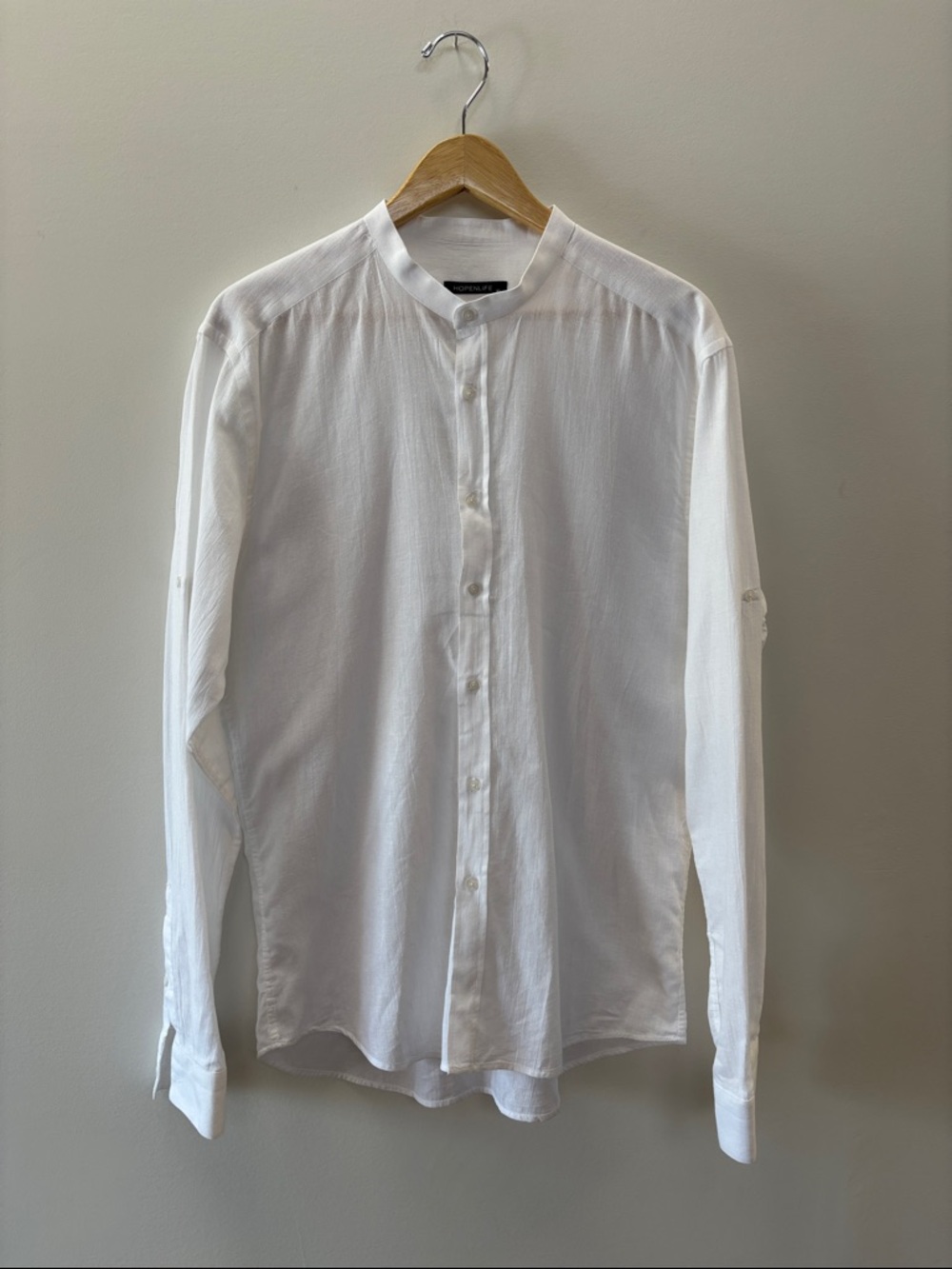 Men's White Band-Collar Button-Down Shirt